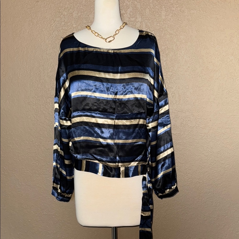Zara Satin Blouse with Tie Waist - Blue and Gold Stripes